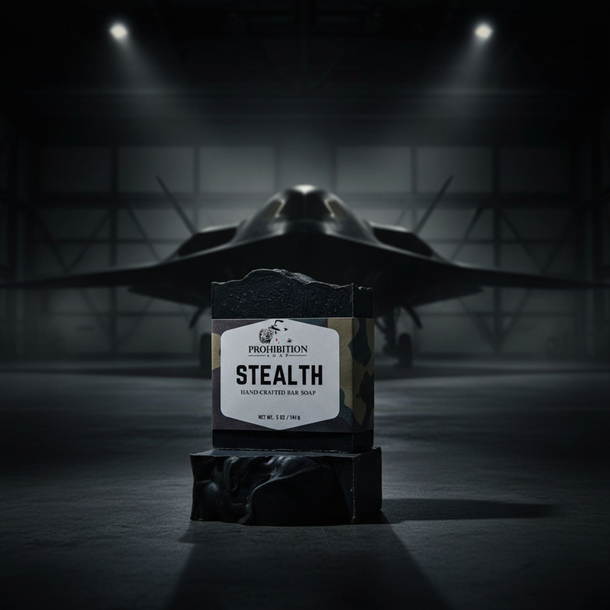 Bar of soap labeled 'Stealth' in front of a fighter jet in a hangar.