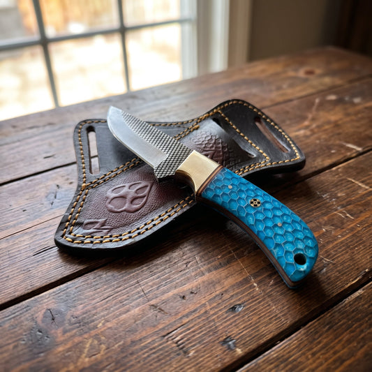 Titan "Blue Trail" Skinner Knife – High Carbon RASP Steel, Blue Honeycomb Resin Handle, Leather Sheath