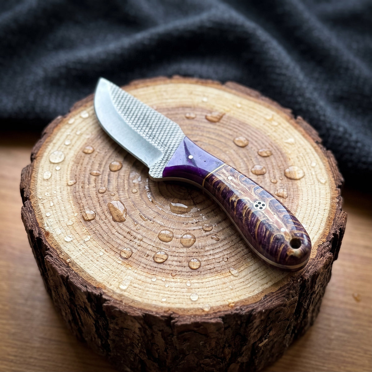 Titan "Violet Burl" Skinner Knife – High Carbon RASP Steel, Burl Wood & Purple Resin Handle, Leather Sheath