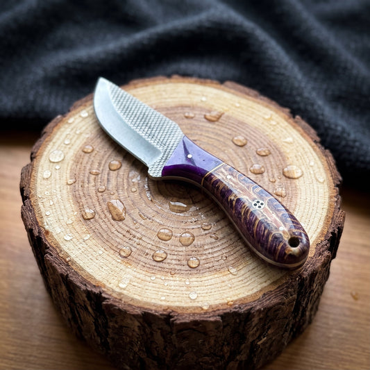 Titan "Violet Burl" Skinner Knife – High Carbon RASP Steel, Burl Wood & Purple Resin Handle, Leather Sheath