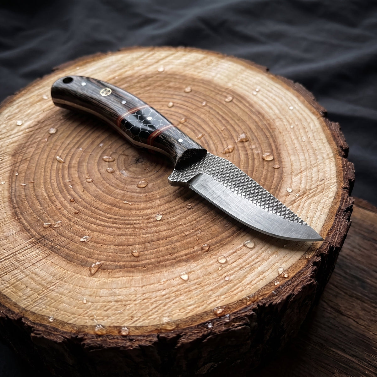 Titan "Honeycomb Timber" Skinner Knife – High Carbon RASP Steel, Wood & Honeycomb Inlay Handle, Leather Sheath