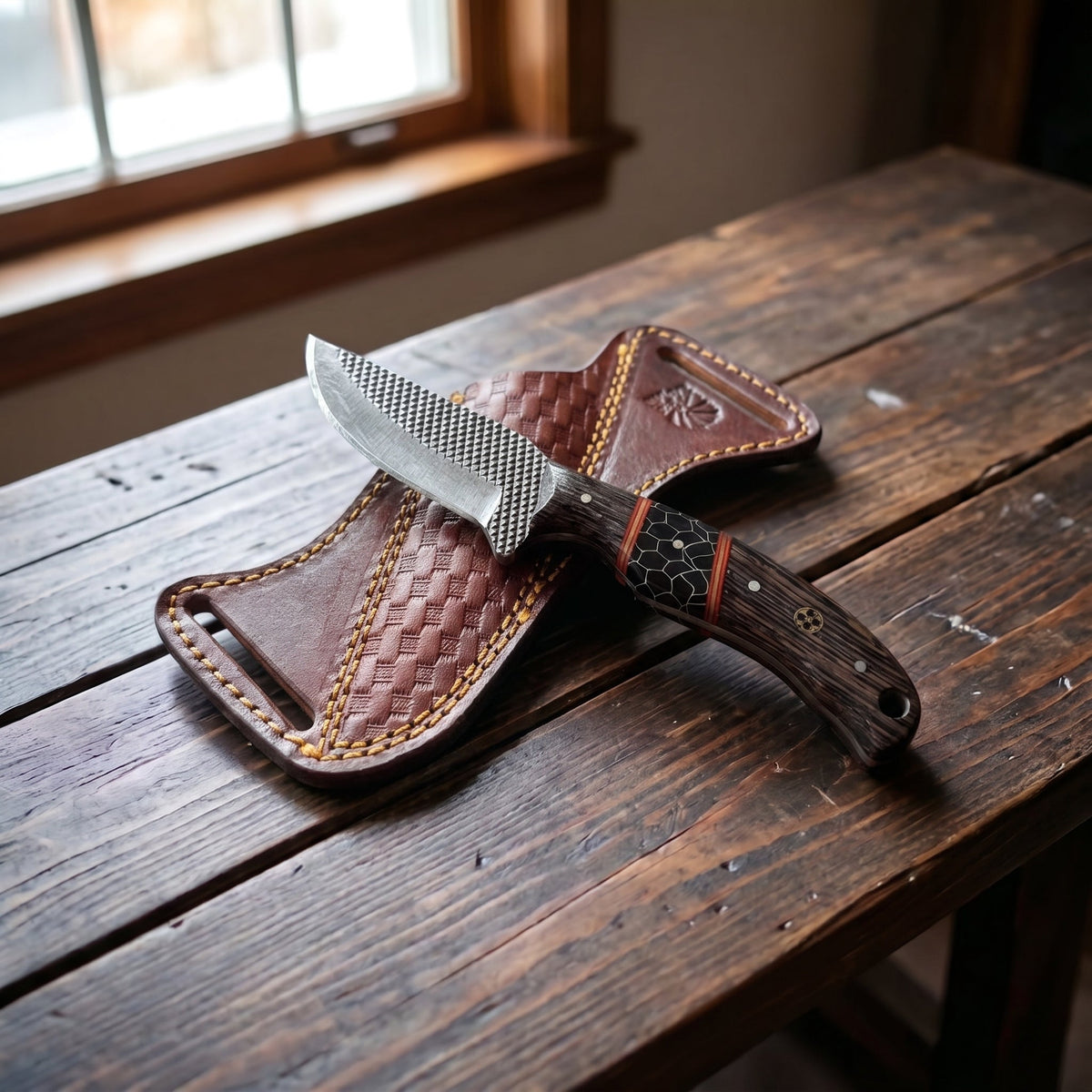 Titan "Honeycomb Timber" Skinner Knife – High Carbon RASP Steel, Wood & Honeycomb Inlay Handle, Leather Sheath