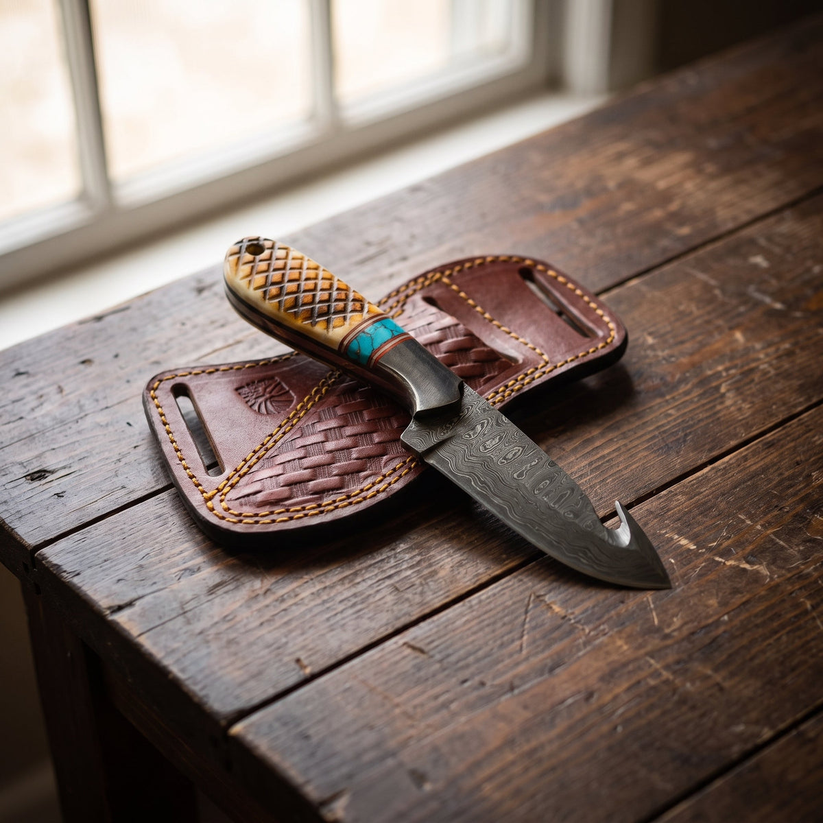 Titan "Amber Turquoise" Damascus Gut-Hook Skinner – Bone & Turquoise Inlay Handle, Leather Sheath