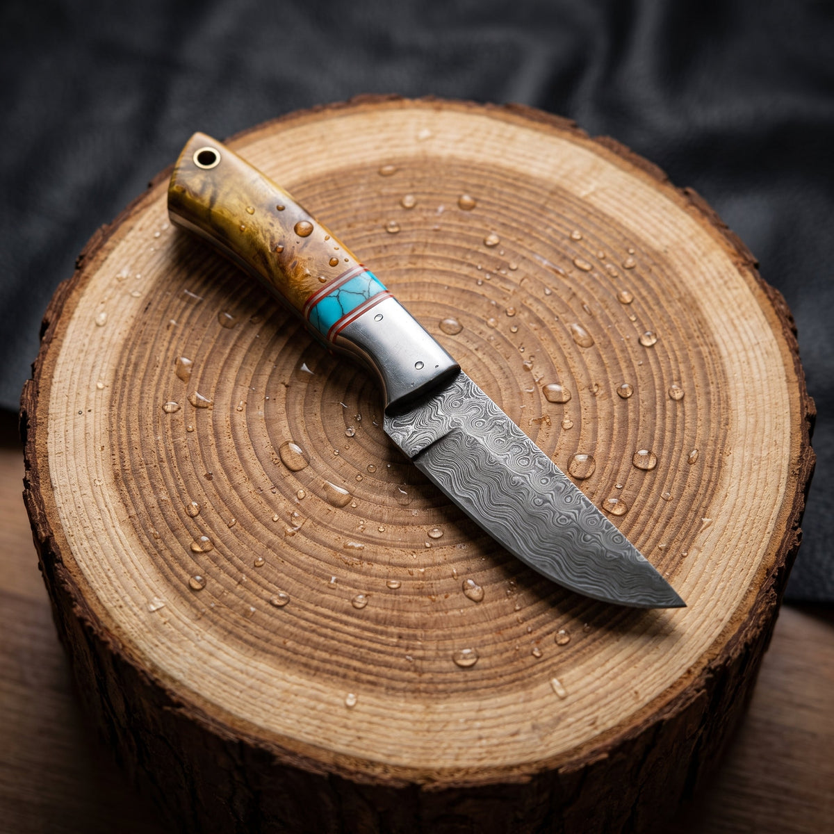 Titan "Amber Mesa" Damascus Skinner Knife – Amber Bone & Turquoise Inlay Handle, Leather Sheath