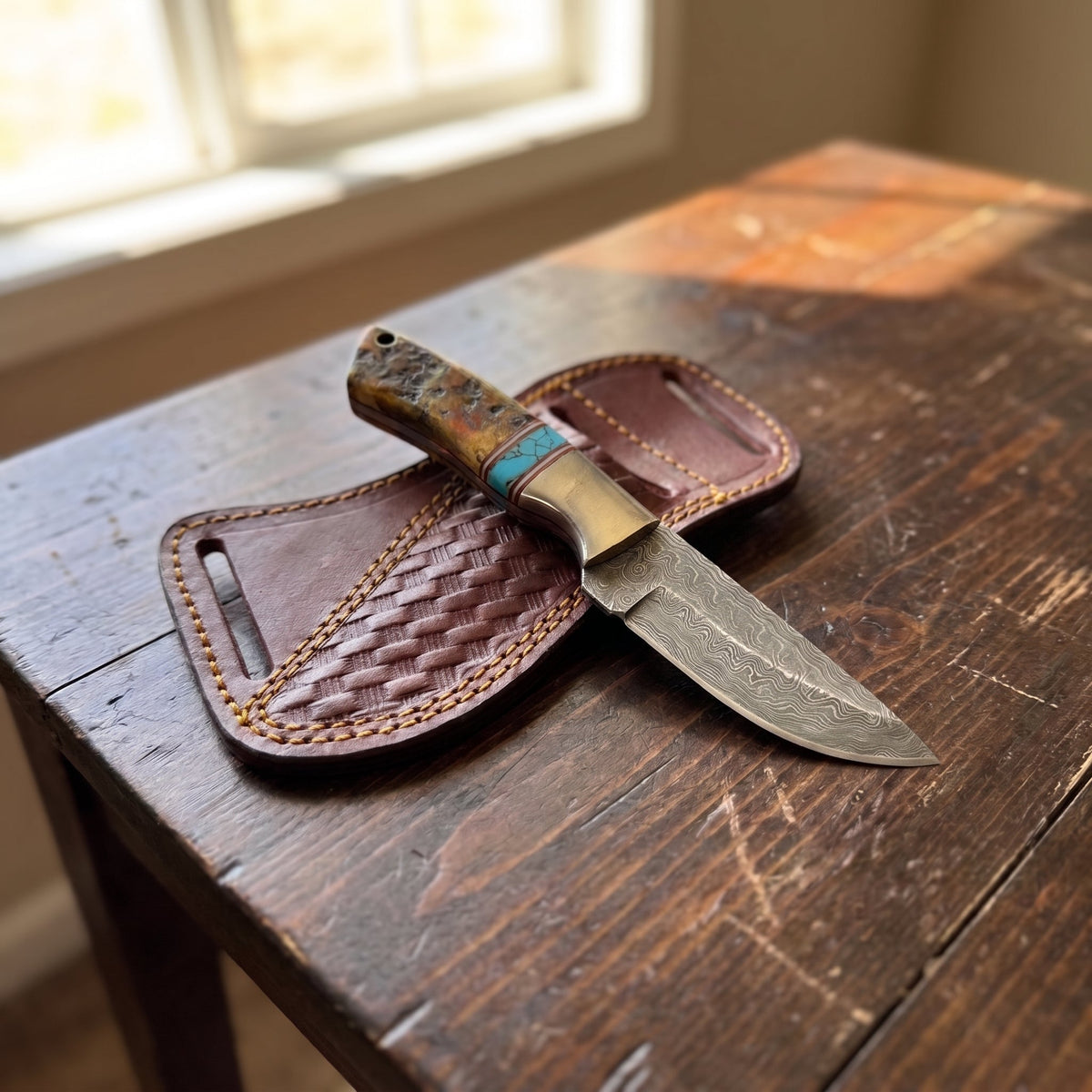 Titan "Amber Mesa" Damascus Skinner Knife – Amber Bone & Turquoise Inlay Handle, Leather Sheath