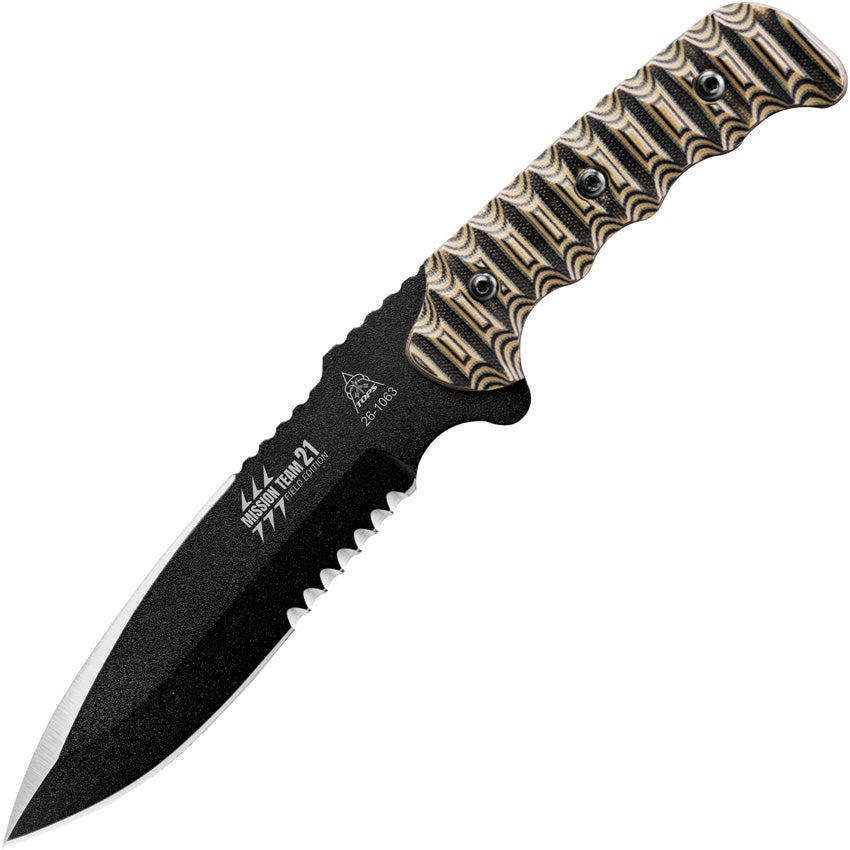 TOPS Mission Team 21 Field Edition fixed blade with tan and black G10 handle