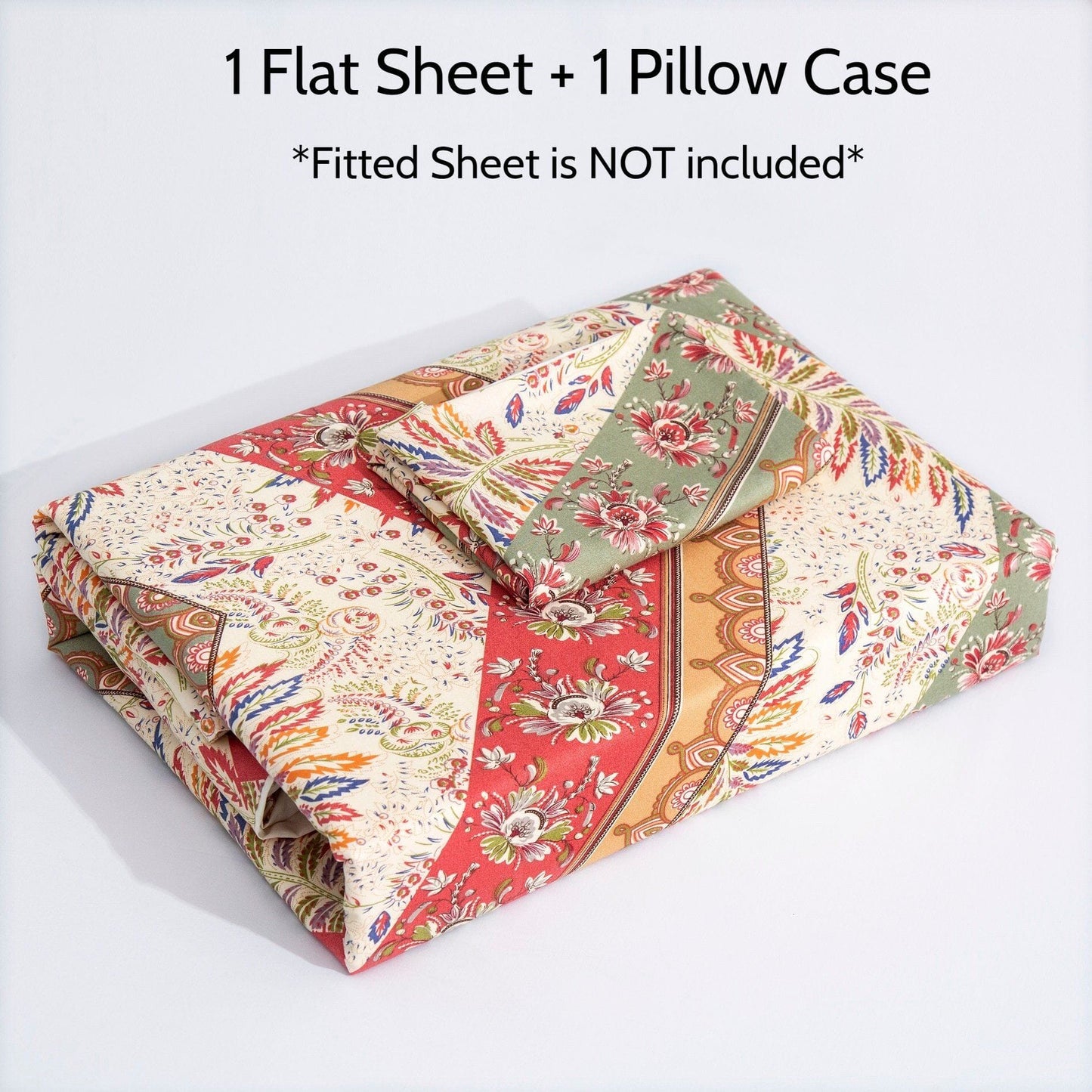 Botanical Cranberry Sage Chevron Floral Flat Bed Sheet w/ Pillowcases