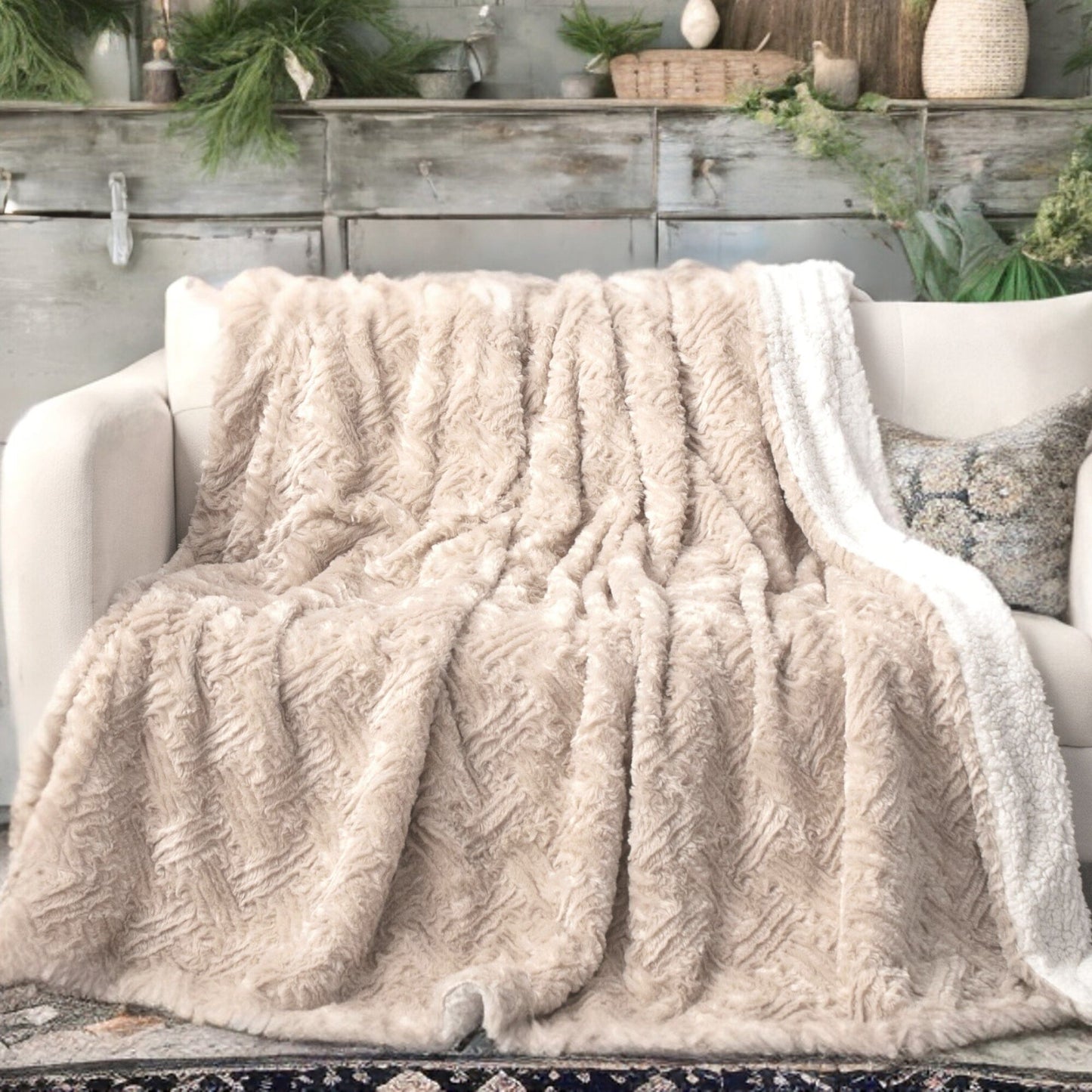 Champagne Ivory Faux Fur Throw Blanket - Dreamy Gold Geometric Embossed Sherpa Backside - Super Soft Warm Cozy Plush Fluffy