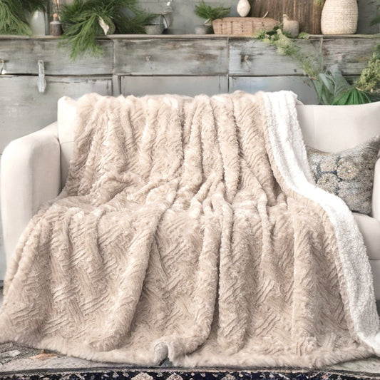 Champagne Ivory Faux Fur Throw Blanket - Dreamy Gold Geometric Embossed Sherpa Backside - Super Soft Warm Cozy Plush Fluffy