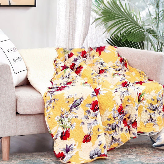 Yellow Floral Quilted Throw Blanket - Hummingbirds Farmhouse Red Flowers for Couch, Sofa or Bed- Scalloped Edges