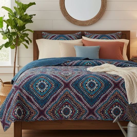 Farmhouse Bohemian Native Rustic Navy Blue Geometric Diamond Shapes Bedspread Set