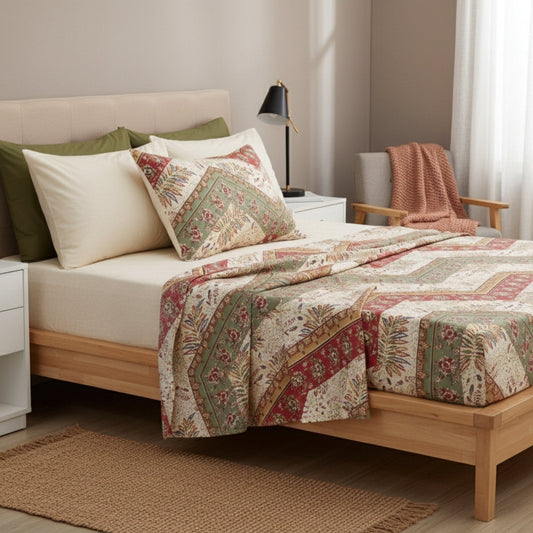Botanical Cranberry Sage Chevron Floral Flat Bed Sheet w/ Pillowcases