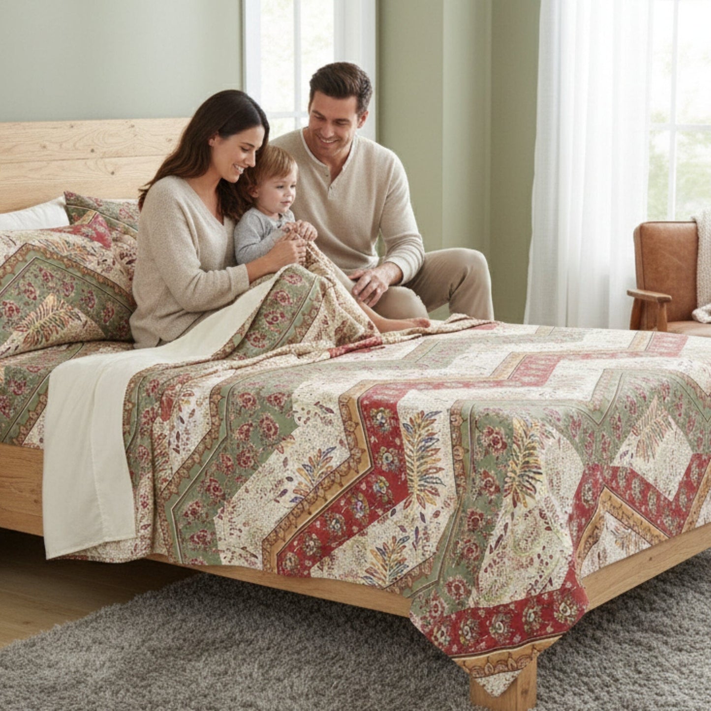 Botanical Cranberry Sage Chevron Floral Flat Bed Sheet w/ Pillowcases