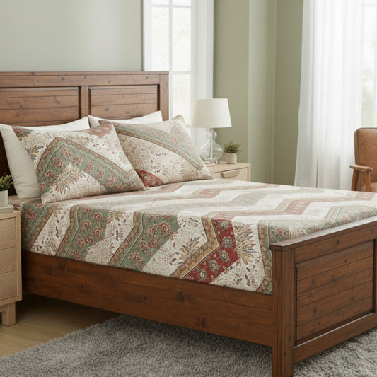 Botanical Cranberry Sage Chevron Floral Fitted Bed Sheet w/ Pillow Cases