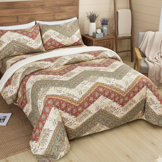 Botanical Cranberry Sage Chevron Floral Duvet Cover Set w/ Pillow Cases