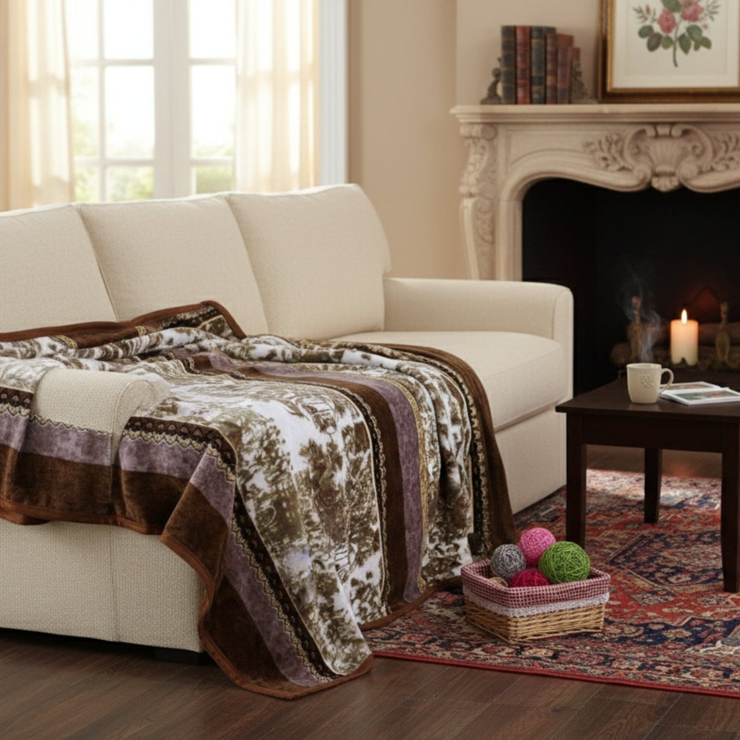 Lavender Floral Cabin Flannel Mink Fleece Throw Blanket