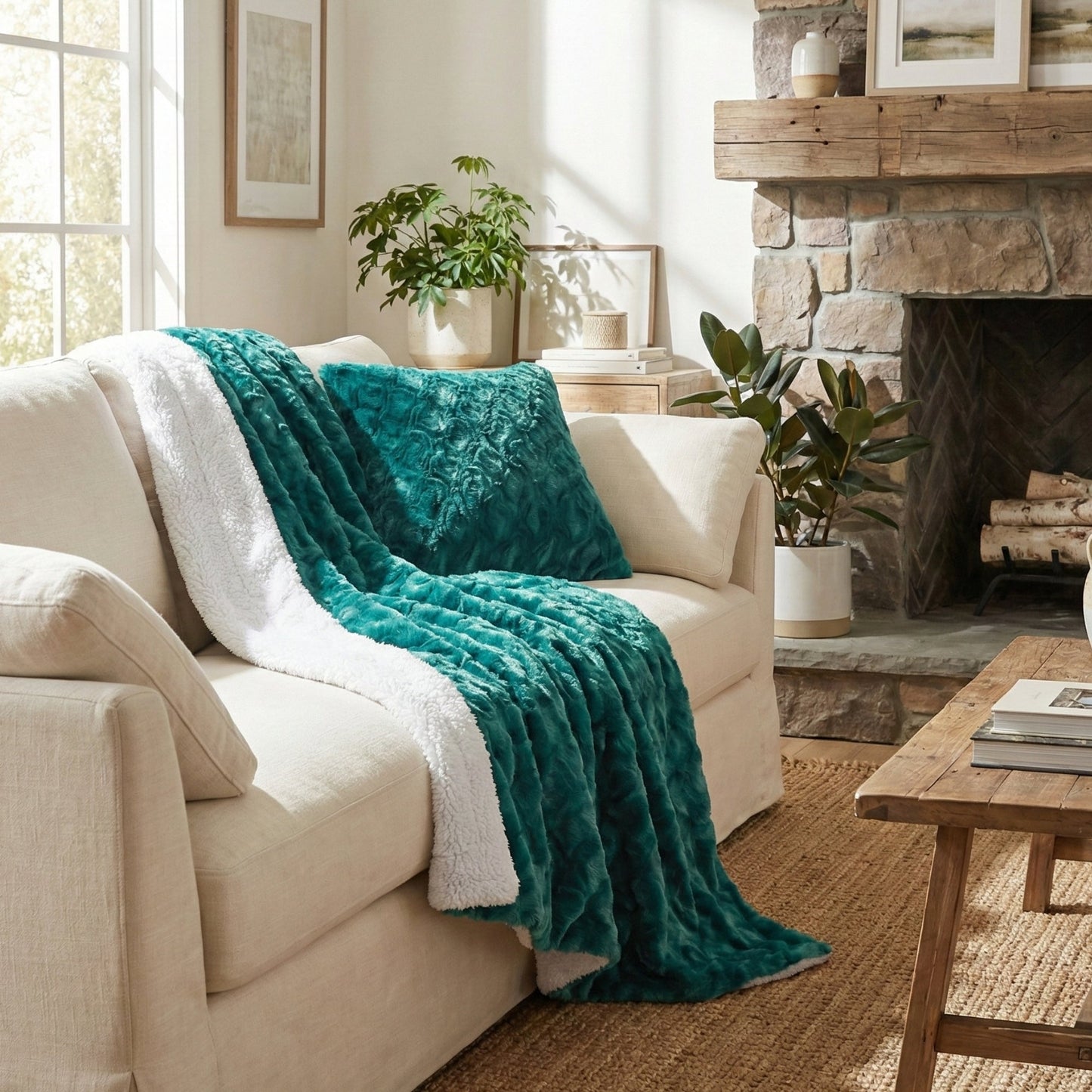 Mermaid Scales Emerald Green Blue w/ Sherpa Backside Faux Fur Throw Blanket