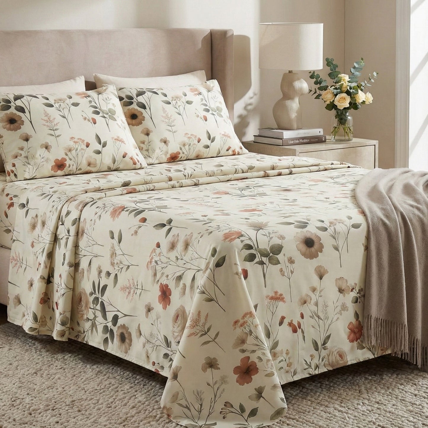 Enchanted Meadow Bed Sheet Set - Floral Harmony in Beige, Rose, and Soft Green