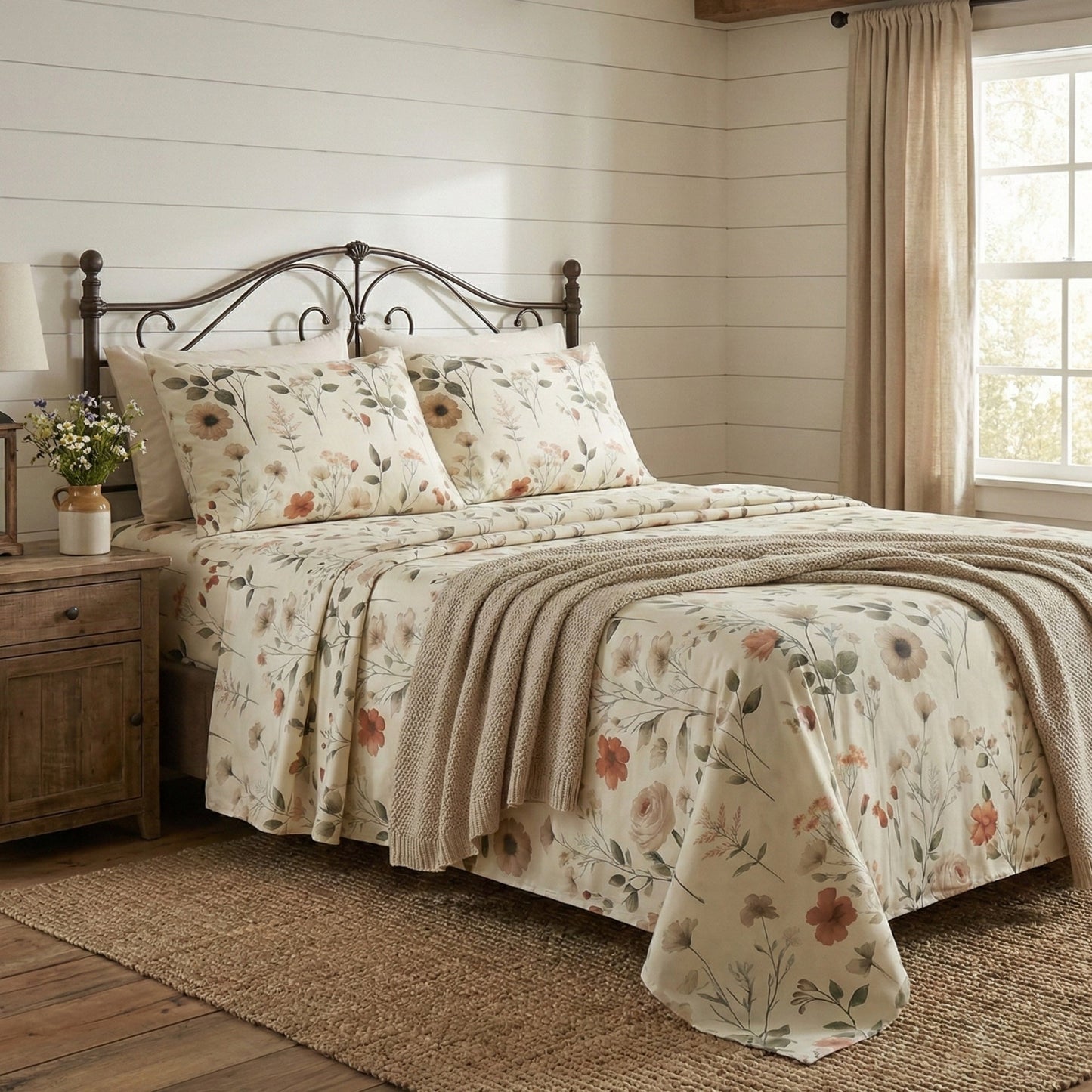 Enchanted Meadow Bed Sheet Set - Floral Harmony in Beige, Rose, and Soft Green