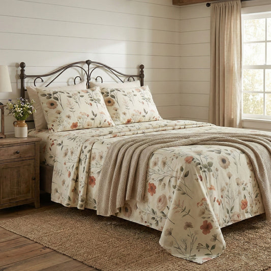 Enchanted Meadow Bed Sheet Set - Floral Harmony in Beige, Rose, and Soft Green