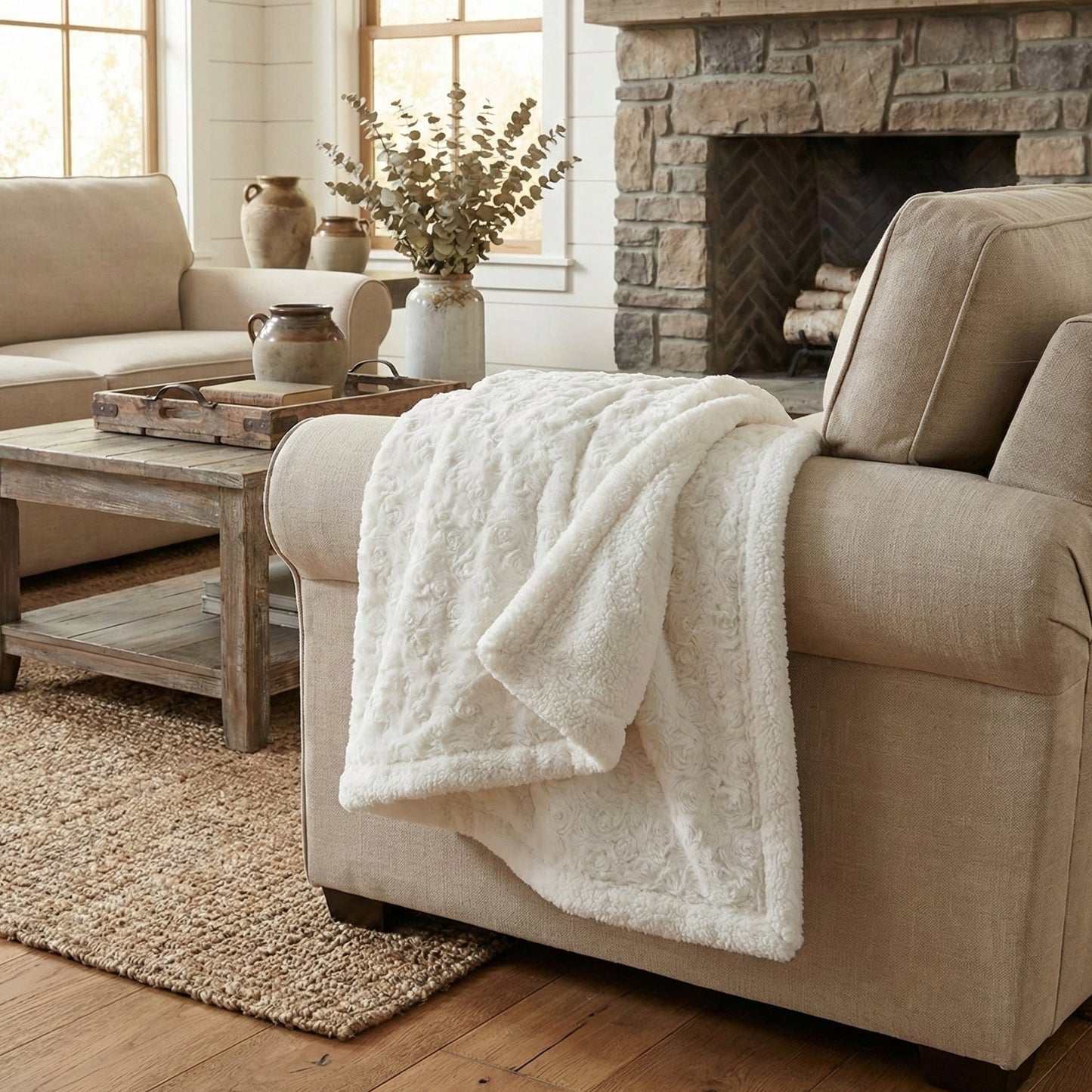 Luxury White Roses Fluffy Soft Sherpa Backside Faux Fur Throw Blanket