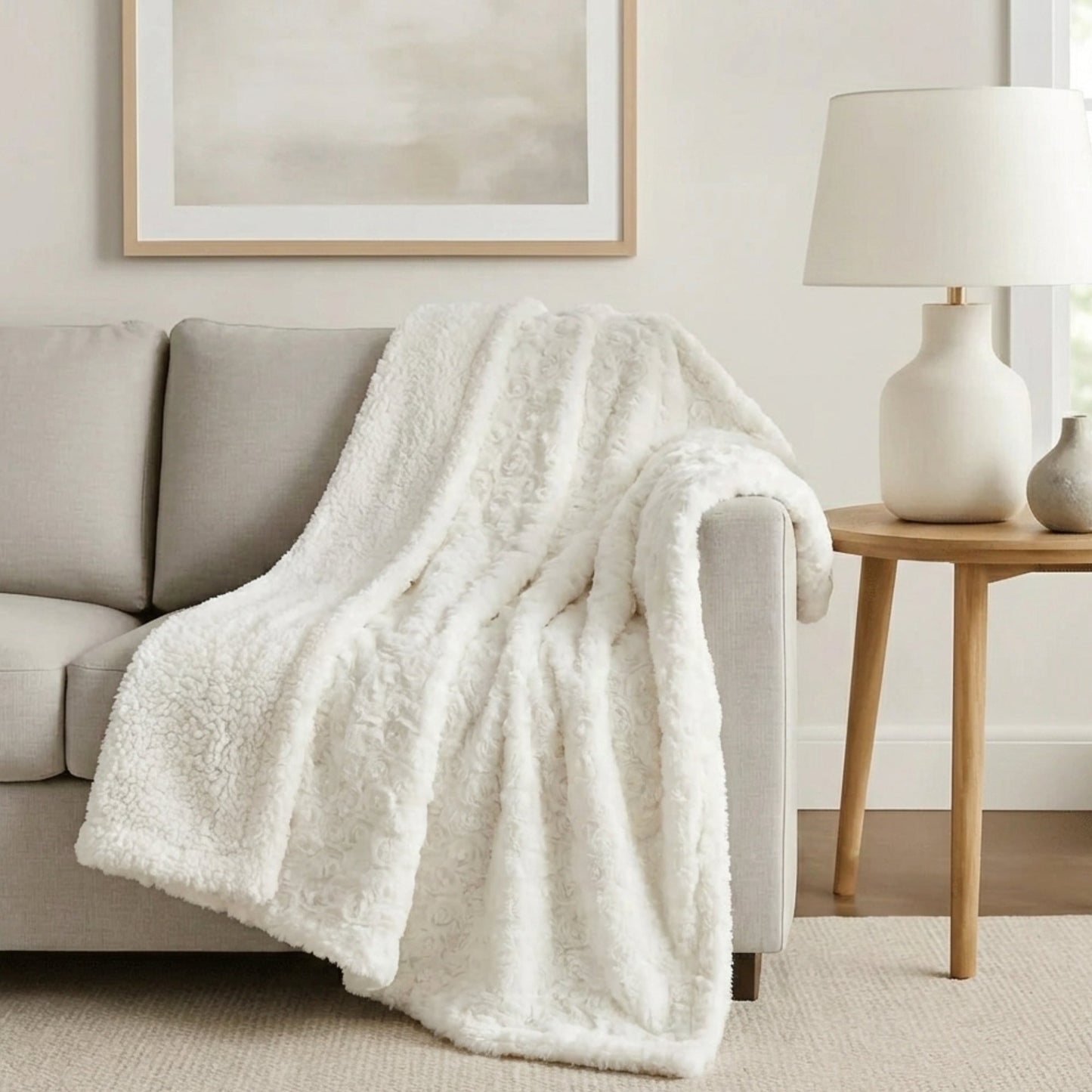 Luxury White Roses Fluffy Soft Sherpa Backside Faux Fur Throw Blanket