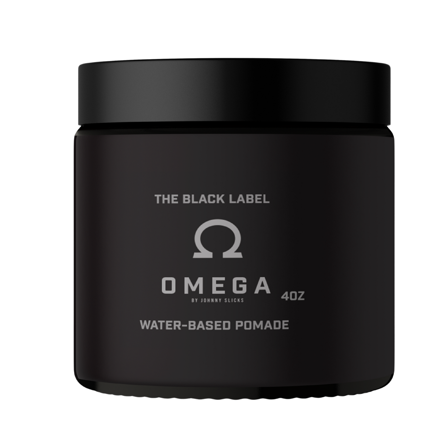 Black jar of Omega by Johnny Gacks water-based pomade on a white background