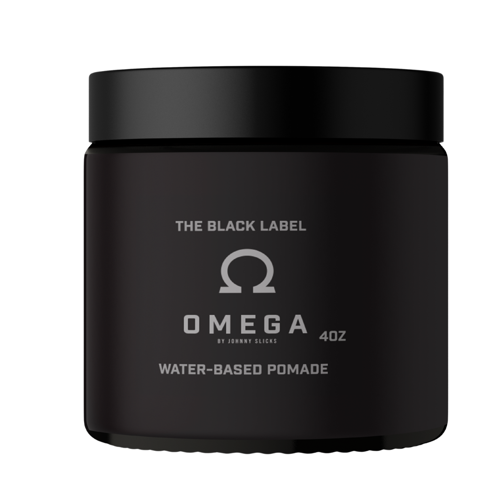 Black jar of Omega by Johnny Gacks water-based pomade on a white background