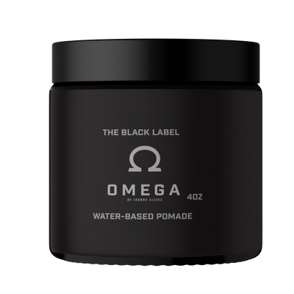 Black jar of Omega by Johnny Gacks water-based pomade on a white background