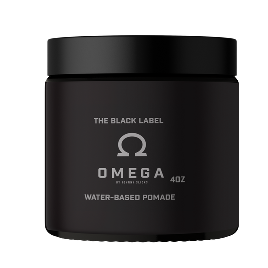 Black jar of Omega by Johnny Gacks water-based pomade on a white background