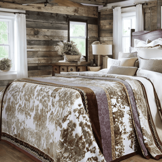 Cozy bedroom with wooden walls, bed with patterned comforter, and decorative elements.