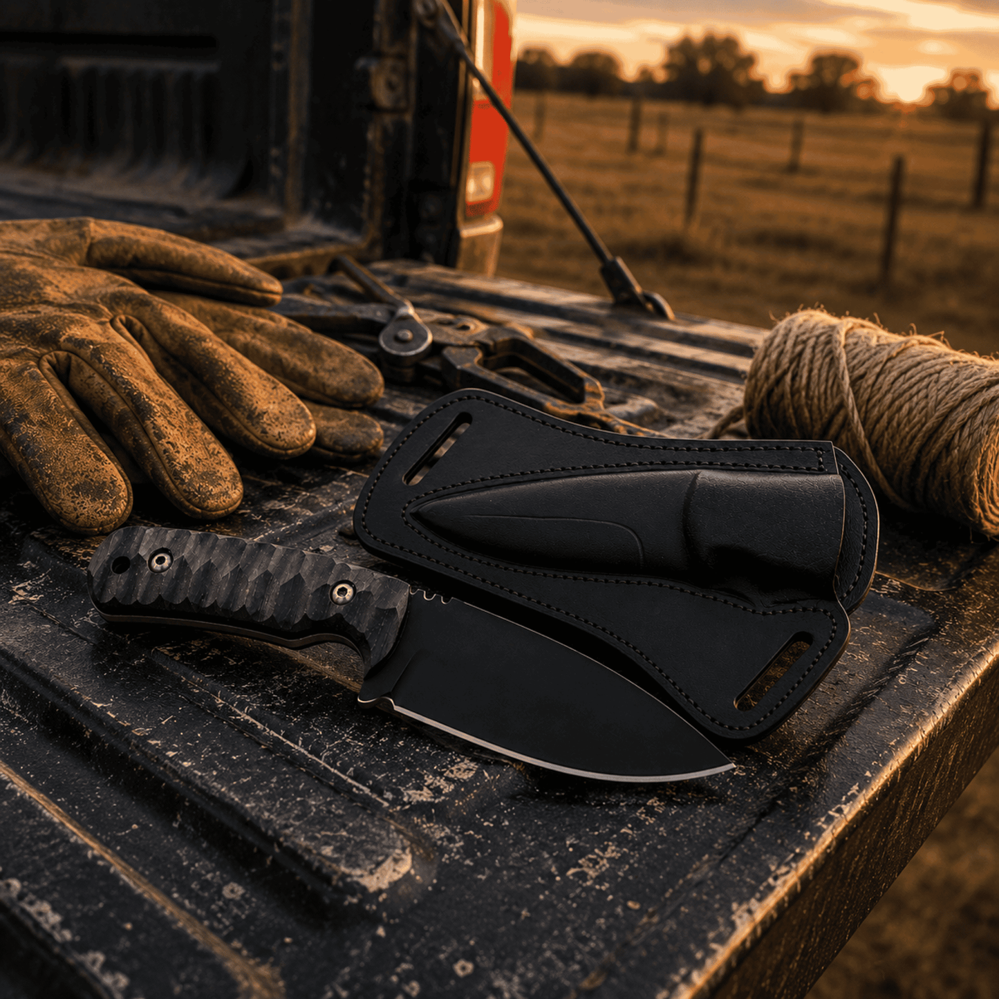Midnight Rider D2 Ranch Knife | Handmade Black Powder-Coated Fixed Blade with Leather Sheath