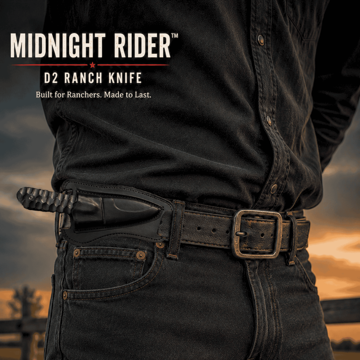 Midnight Rider D2 Ranch Knife | Handmade Black Powder-Coated Fixed Blade with Leather Sheath