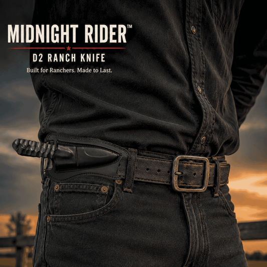Midnight Rider D2 Ranch Knife | Handmade Black Powder-Coated Fixed Blade with Leather Sheath