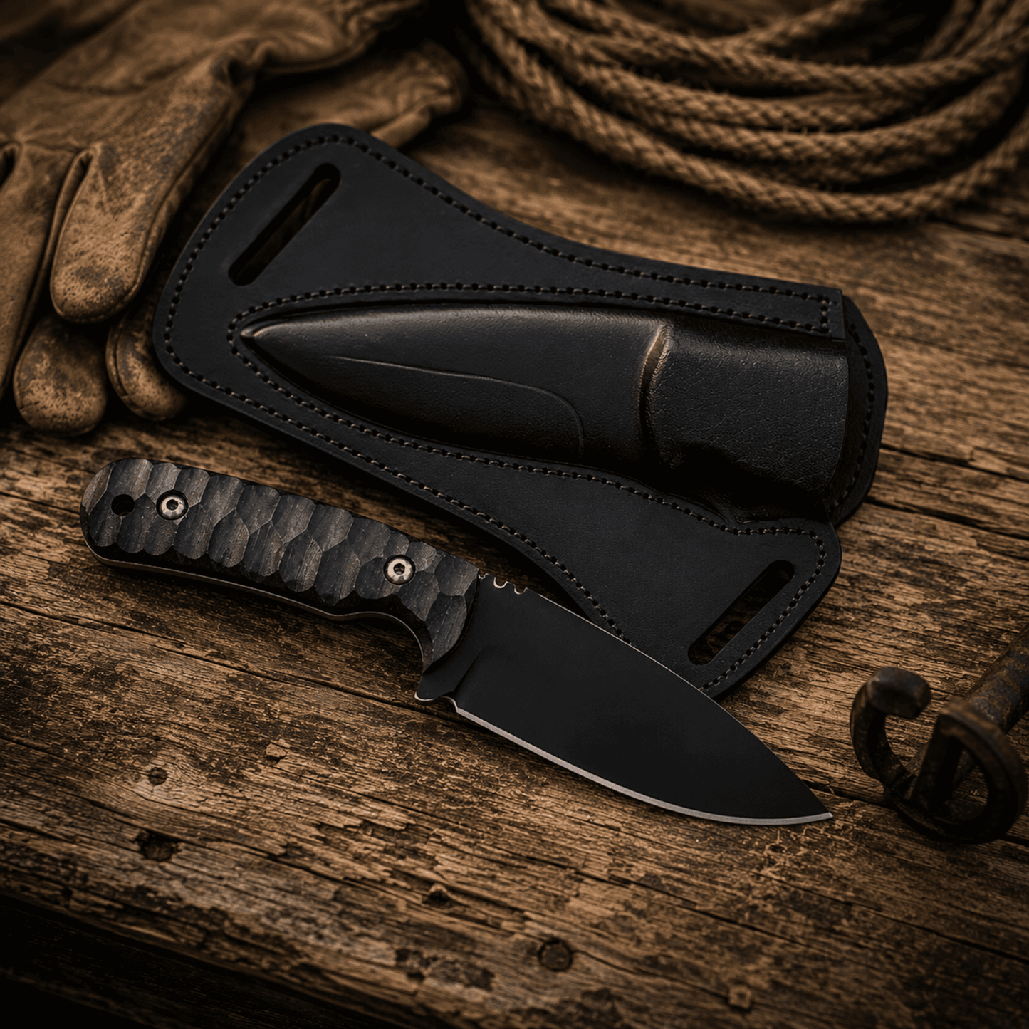 Midnight Rider D2 Ranch Knife | Handmade Black Powder-Coated Fixed Blade with Leather Sheath