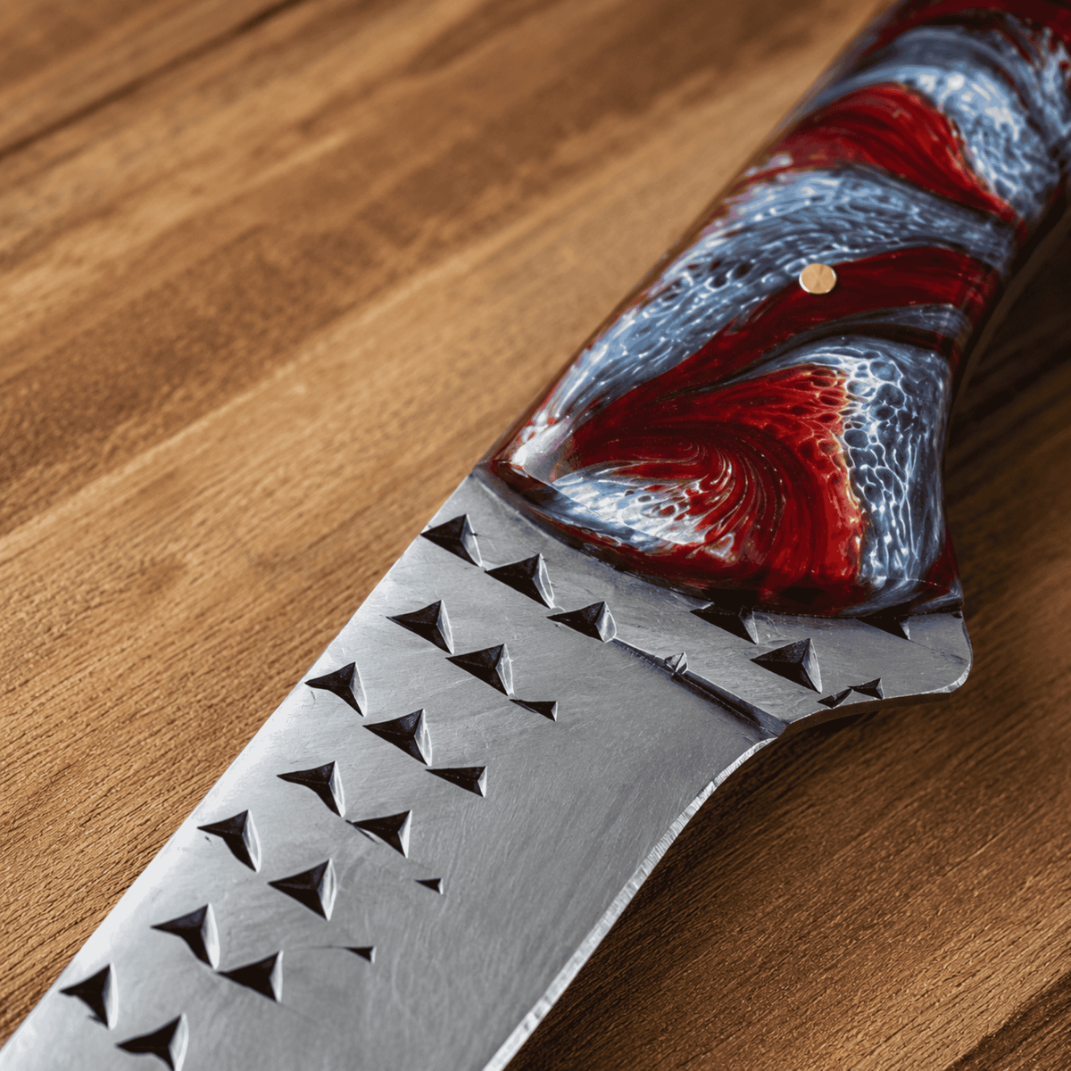 Freedom Trail Handmade Cowboy Rasp Knife – 8" Rasp Tool Steel Blade, Patriotic Resin Handle & Leather Pancake Sheath