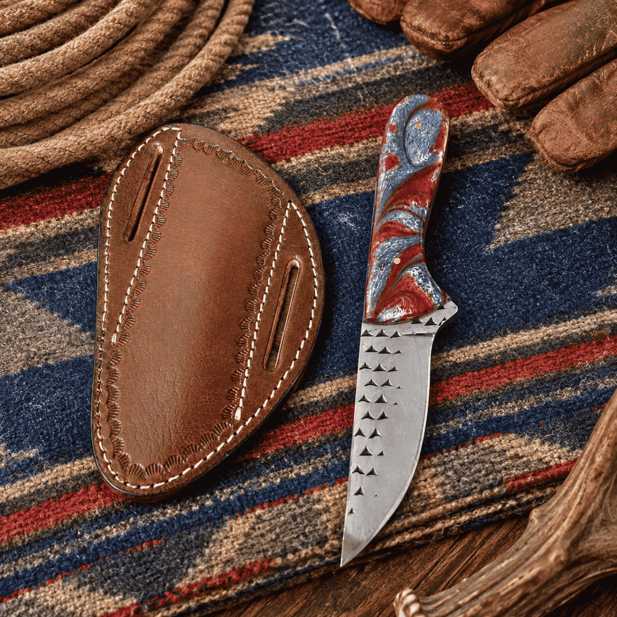 Freedom Trail Handmade Cowboy Rasp Knife – 8" Rasp Tool Steel Blade, Patriotic Resin Handle & Leather Pancake Sheath