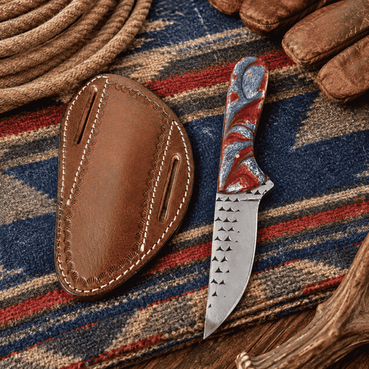 Freedom Trail Handmade Cowboy Rasp Knife – 8" Rasp Tool Steel Blade, Patriotic Resin Handle & Leather Pancake Sheath