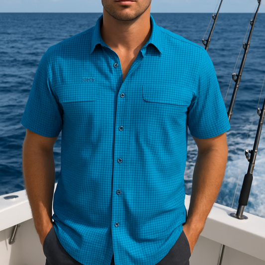 Man wearing a blue shirt and cap on a boat with ocean in the background