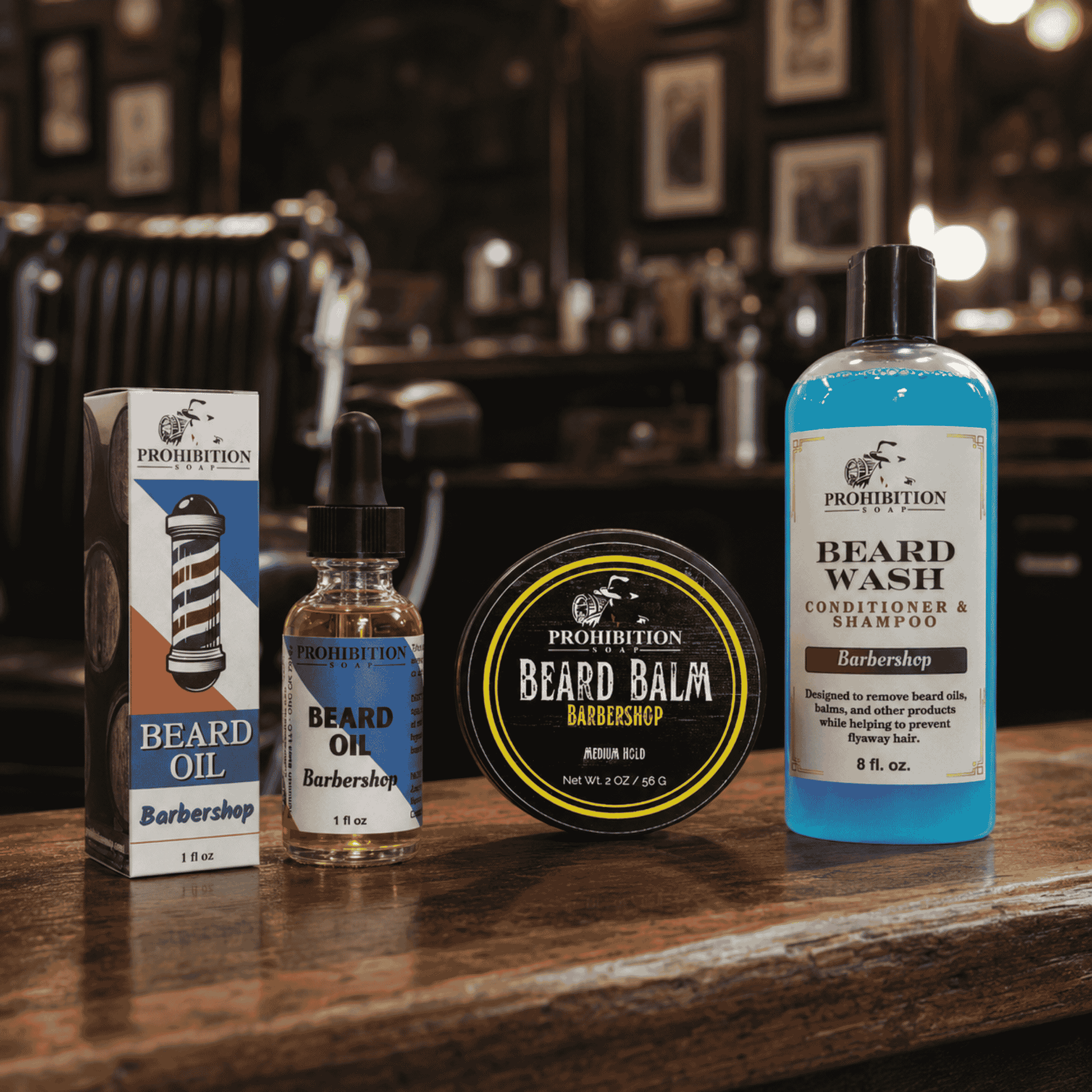 Barber Beard Bundle by Prohibition soap - three products: beard oil, beard balm, and beard wash. Set in a classic barber shop setting.