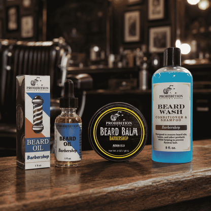 Barber Beard Bundle by Prohibition soap - three products: beard oil, beard balm, and beard wash. Set in a classic barber shop setting.
