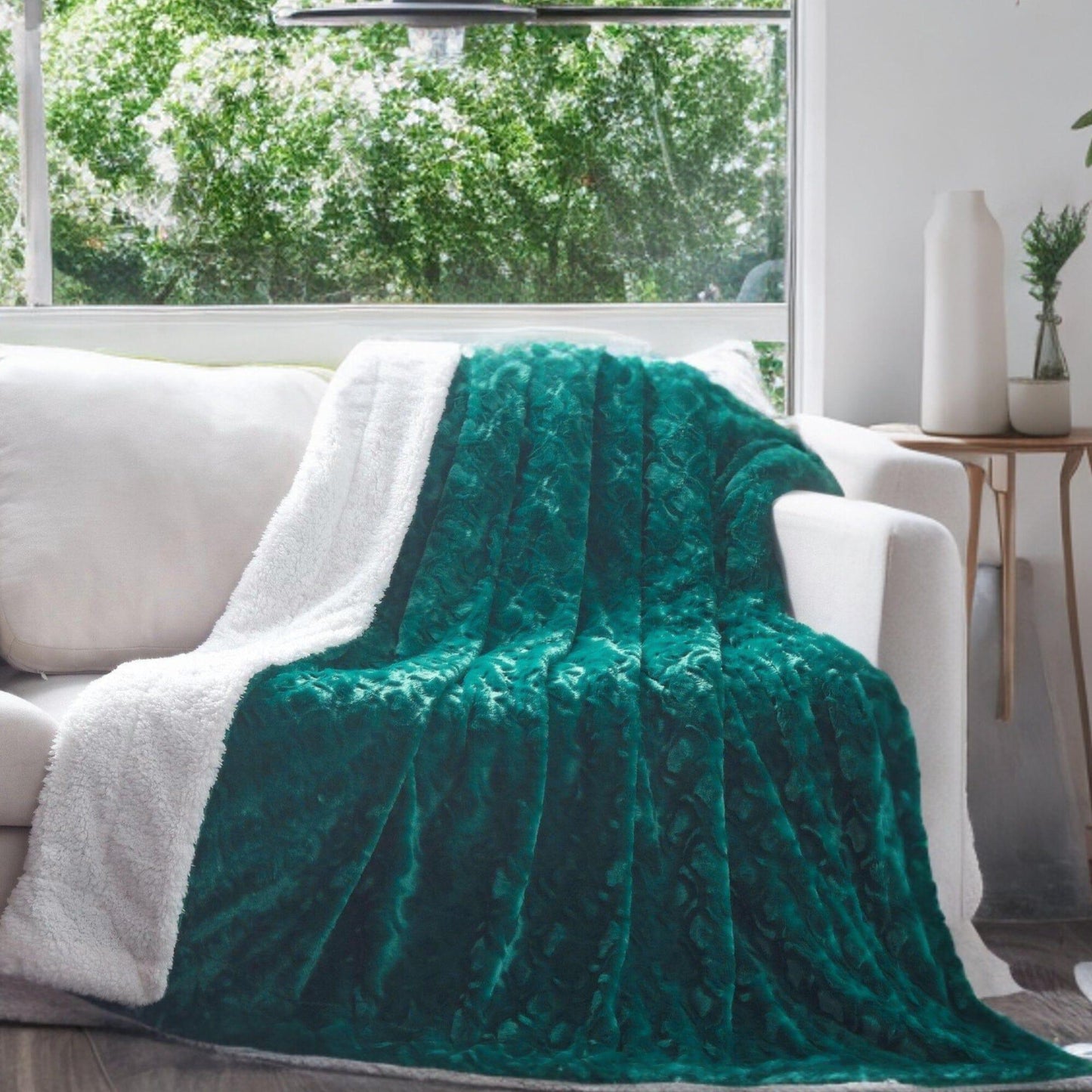 Mermaid Scales Emerald Green Blue w/ Sherpa Backside Faux Fur Throw Blanket