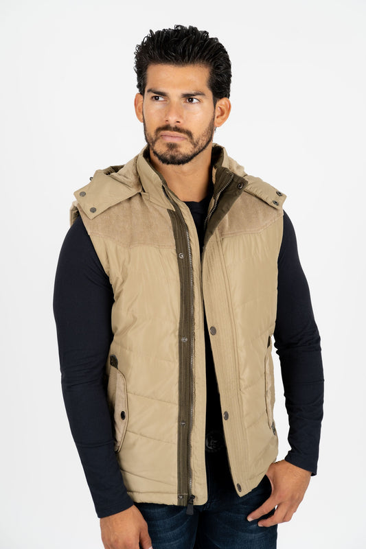 Khaki Padded Hooded Vest w/ Faux Fur Lining