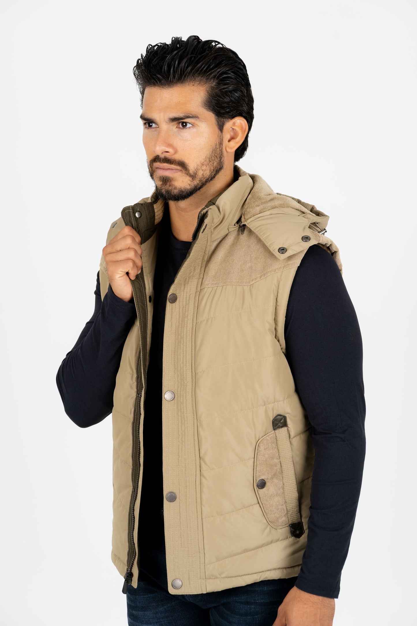 Khaki Padded Hooded Vest w/ Faux Fur Lining