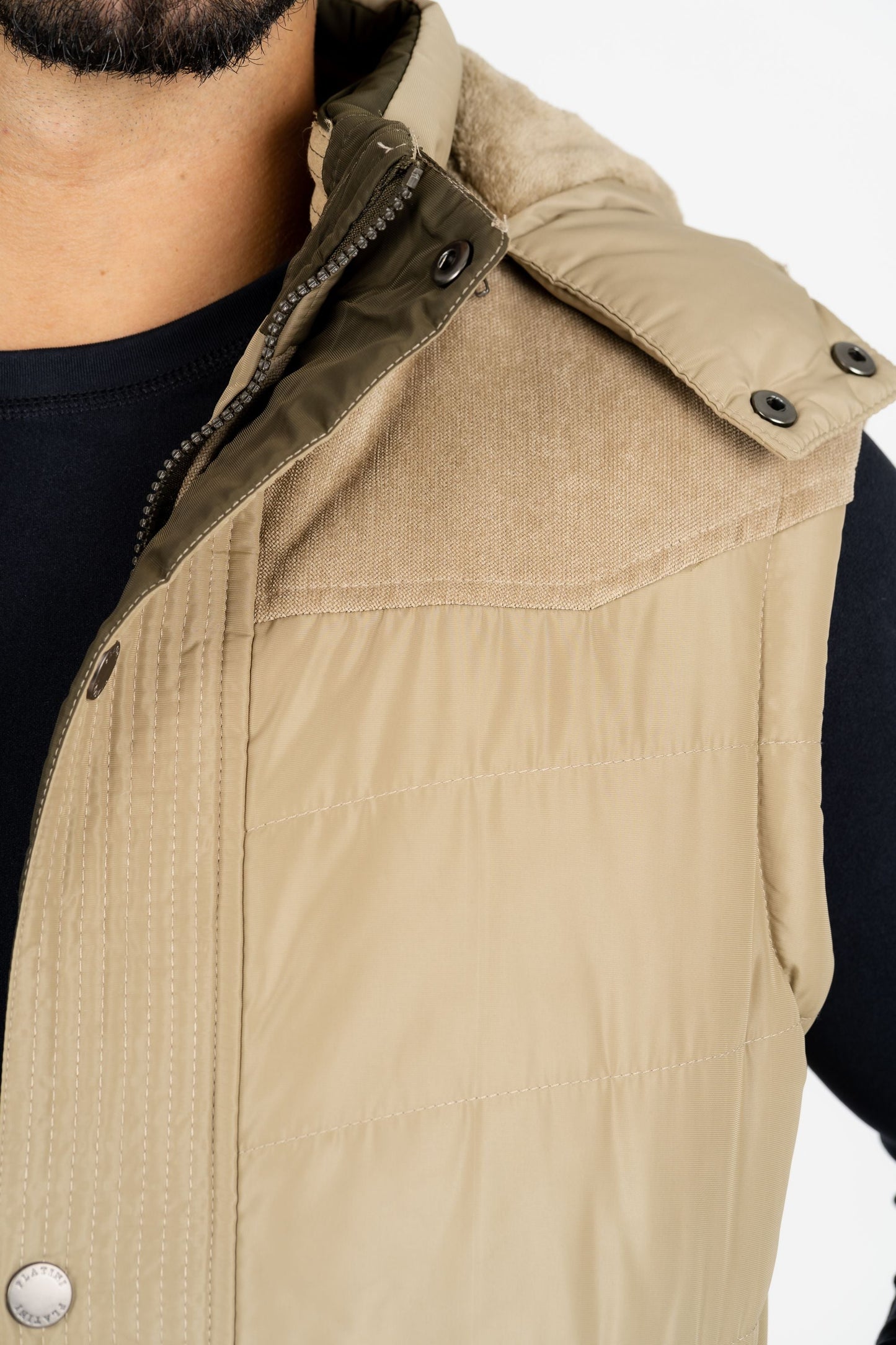 Khaki Padded Hooded Vest w/ Faux Fur Lining