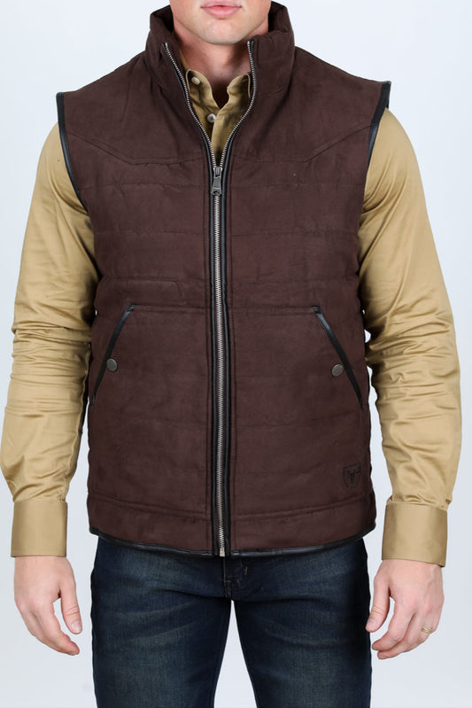 Fur Lined Quilted Faux Suede Vest - Dark Brown