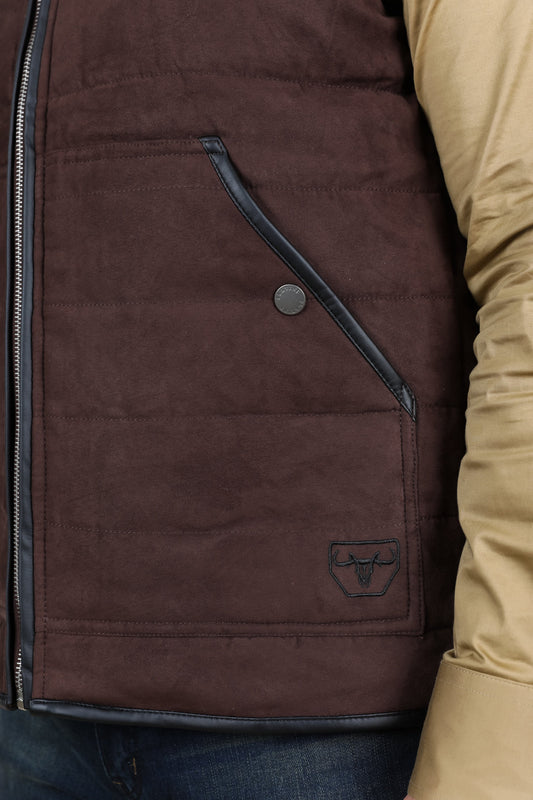Fur Lined Quilted Faux Suede Vest - Dark Brown
