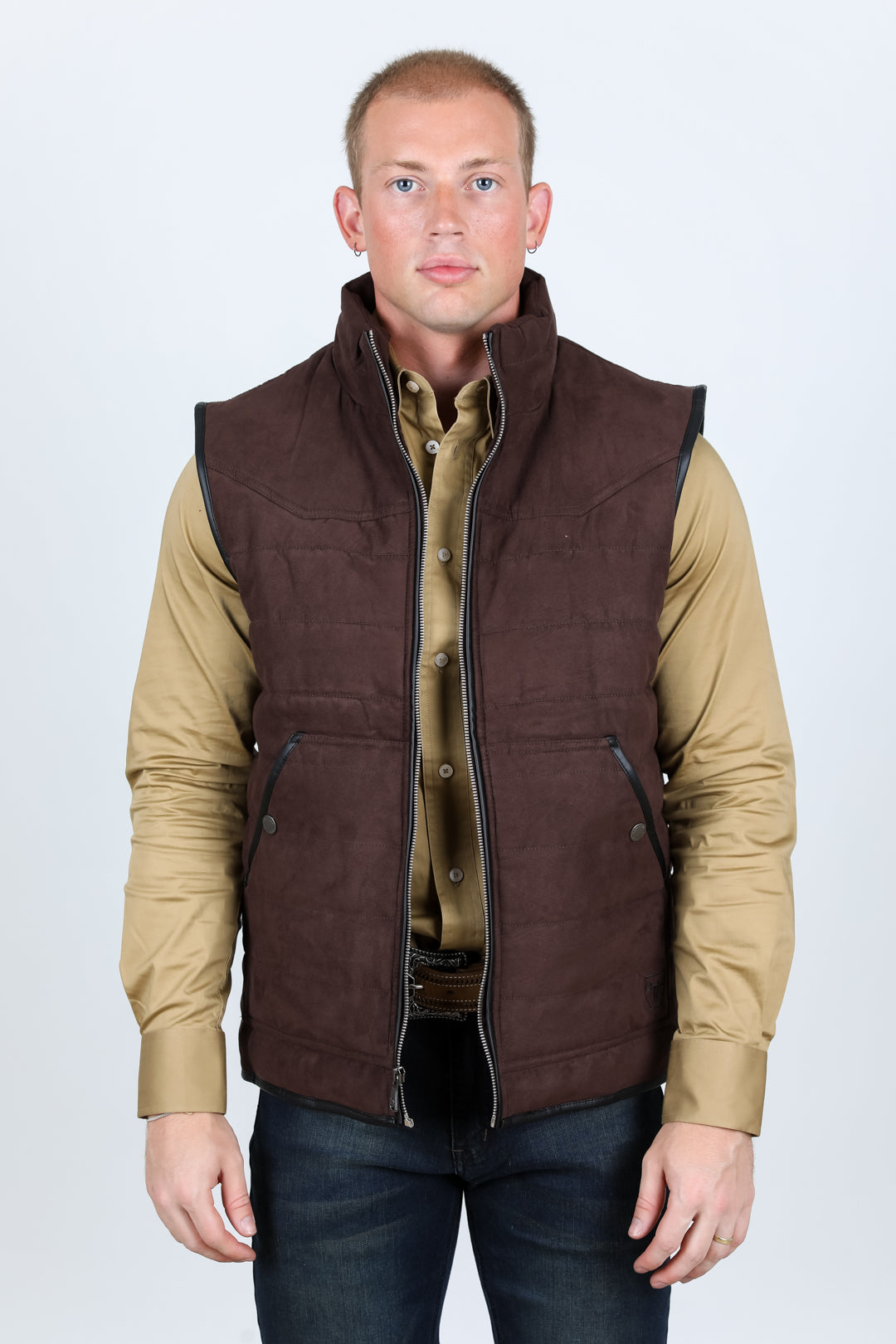 Fur Lined Quilted Faux Suede Vest - Dark Brown