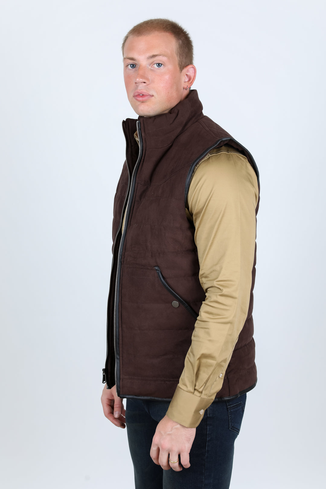 Fur Lined Quilted Faux Suede Vest - Dark Brown