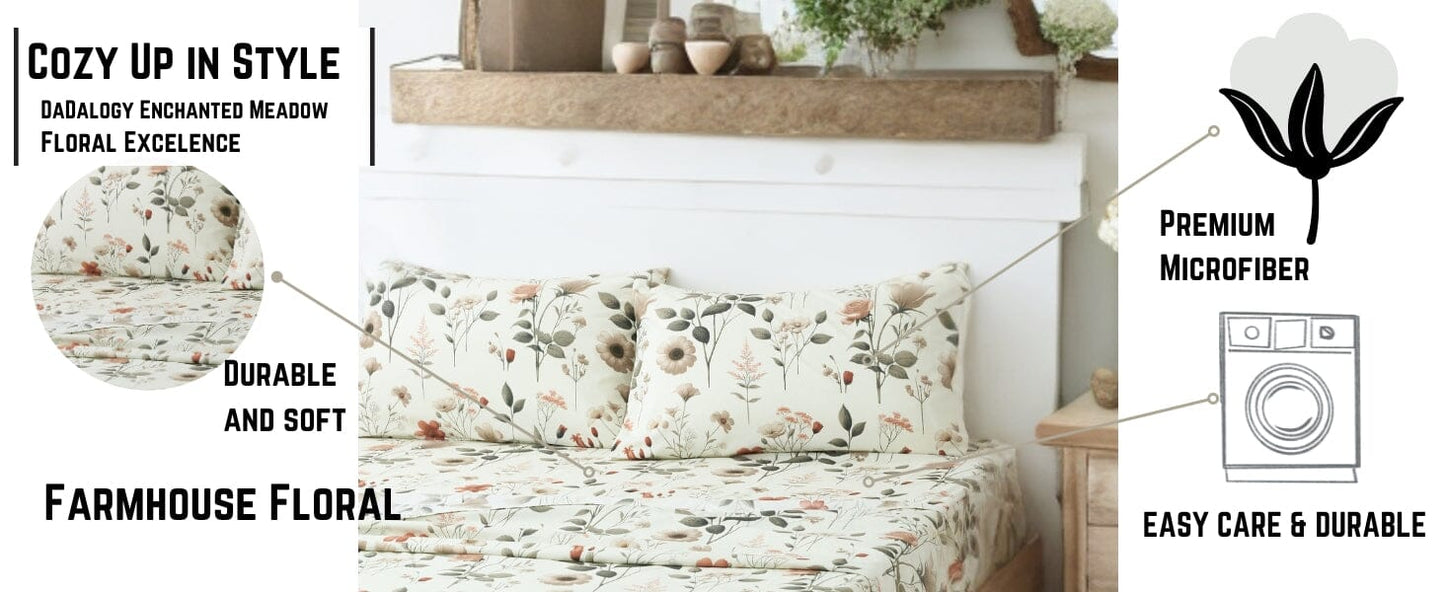 Enchanted Meadow Bed Sheet Set - Floral Harmony in Beige, Rose, and Soft Green